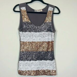 Haani Sequin Tank Shirt Metallic Bronze White Pewter Women Size Small